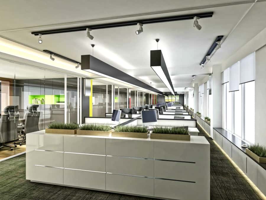 office lighting in long rows of workstations.
