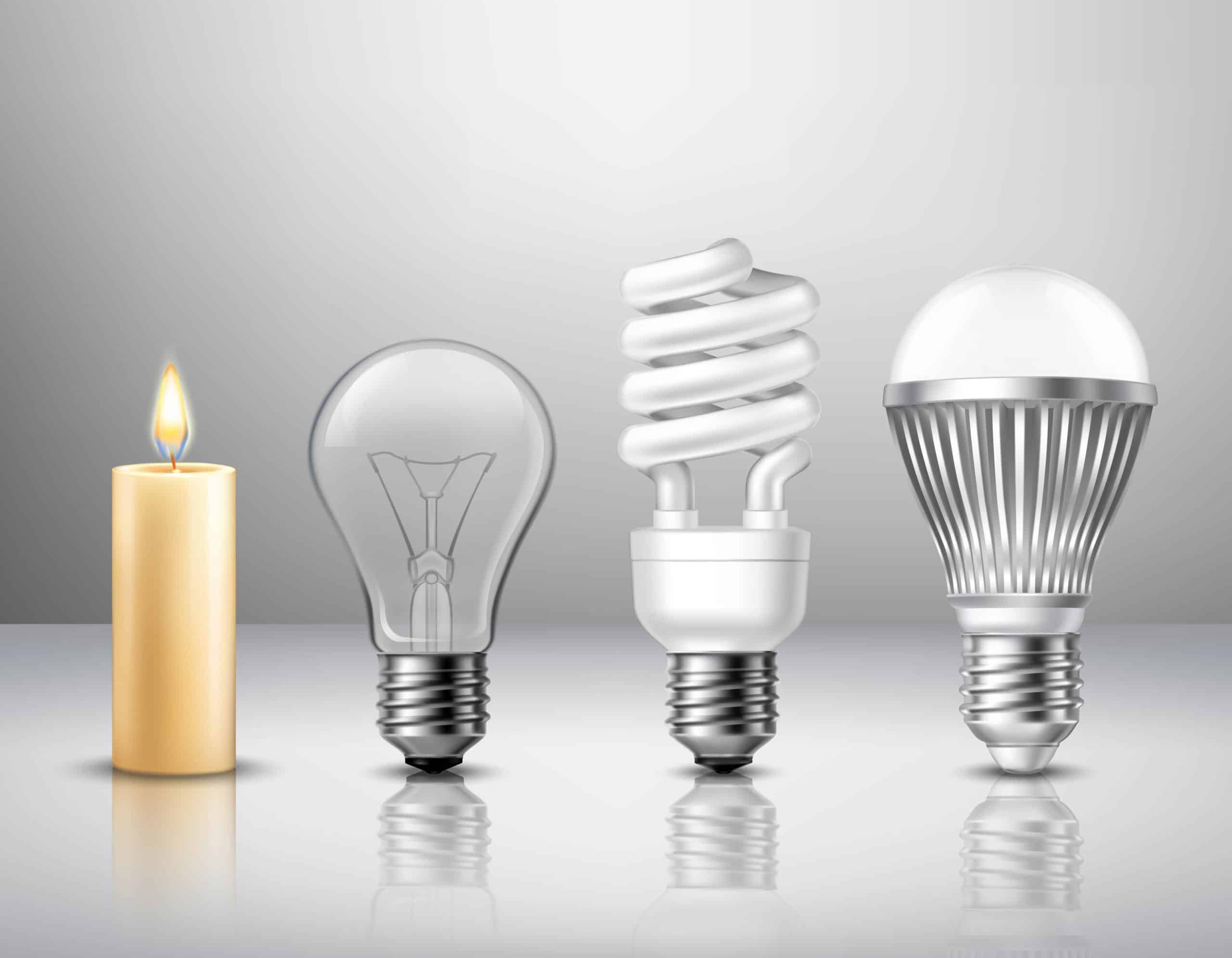 Realistic light evolution concept from candle to modern led bulb on glassy surface isolated vector illustration