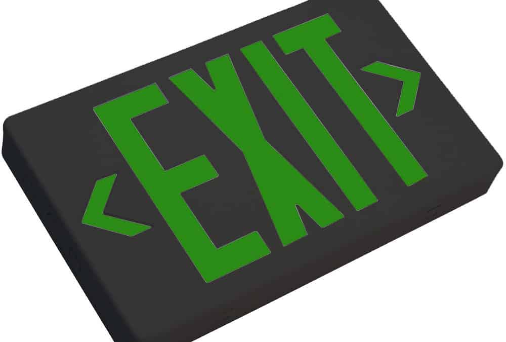 Green LED Exit Sign Universal Battery Backup Black Housing – 12″